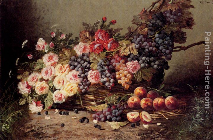 Still Life Of Roses, Peaches And Grapes In A Basket painting - Modeste Carlier Still Life Of Roses, Peaches And Grapes In A Basket art painting